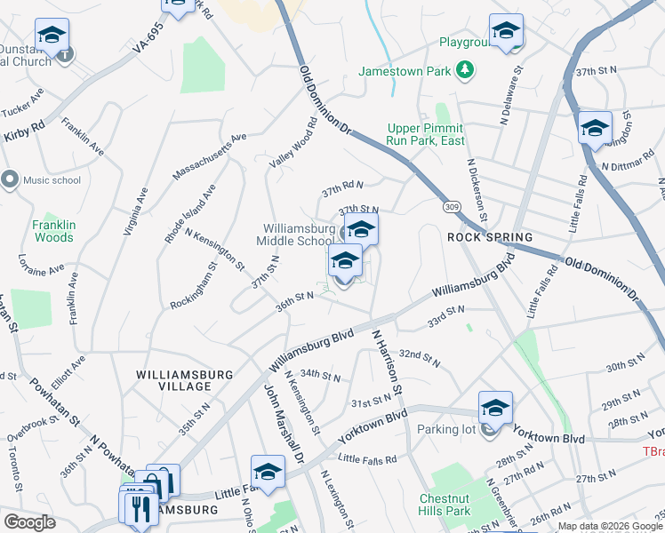 map of restaurants, bars, coffee shops, grocery stores, and more near 3600 North Harrison Street in Arlington