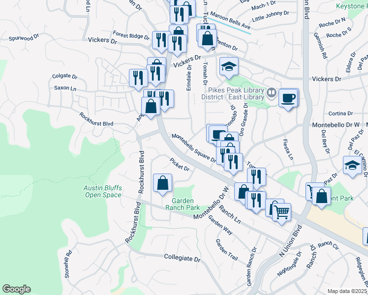 map of restaurants, bars, coffee shops, grocery stores, and more near 2298 La Montana Way in Colorado Springs