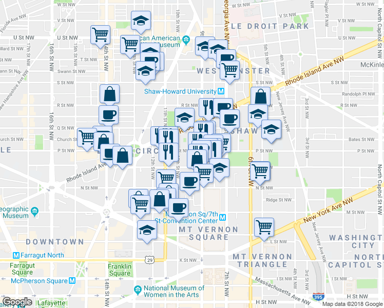 map of restaurants, bars, coffee shops, grocery stores, and more near 920 P Street Northwest in Washington