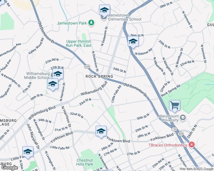 map of restaurants, bars, coffee shops, grocery stores, and more near 4894 Williamsburg Boulevard in Arlington