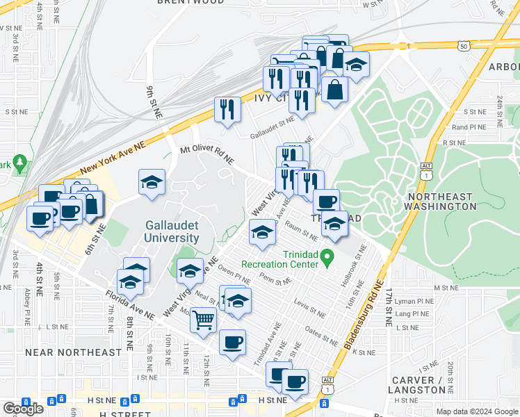 map of restaurants, bars, coffee shops, grocery stores, and more near 1699 West Virginia Ave NE in Washington