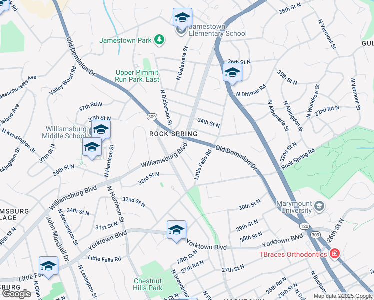 map of restaurants, bars, coffee shops, grocery stores, and more near 4894 Williamsburg Boulevard in Arlington
