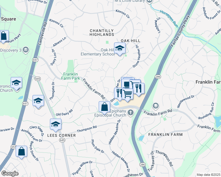 map of restaurants, bars, coffee shops, grocery stores, and more near 13420 Elevation Lane in Herndon