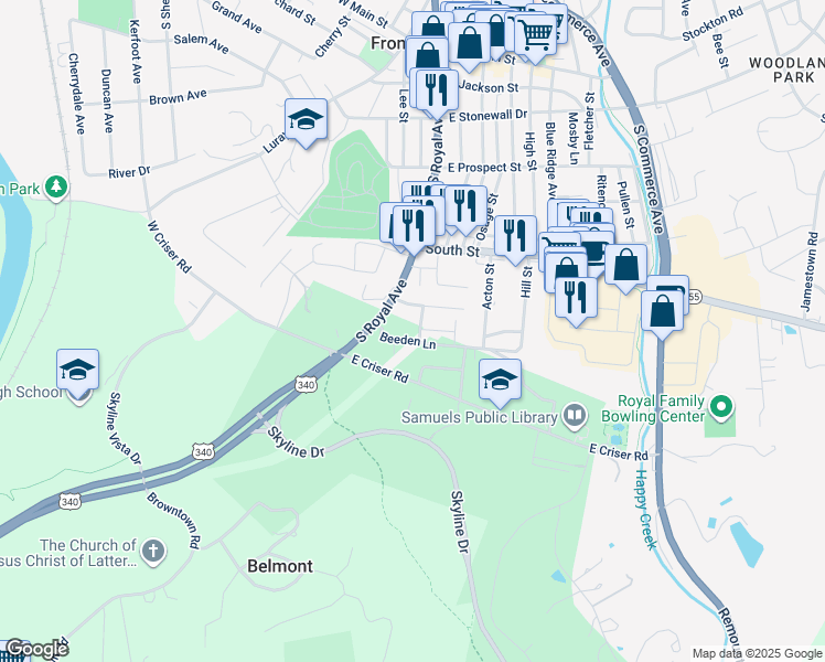 map of restaurants, bars, coffee shops, grocery stores, and more near 625 Highview Street in Front Royal