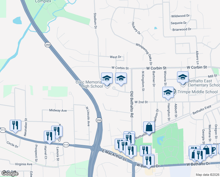 map of restaurants, bars, coffee shops, grocery stores, and more near 200 School Street in Bethalto