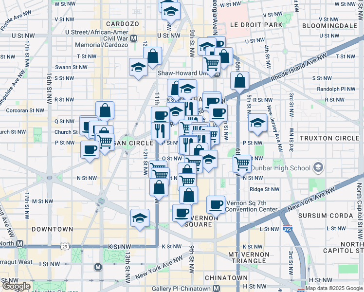 map of restaurants, bars, coffee shops, grocery stores, and more near 920 P Street Northwest in Washington