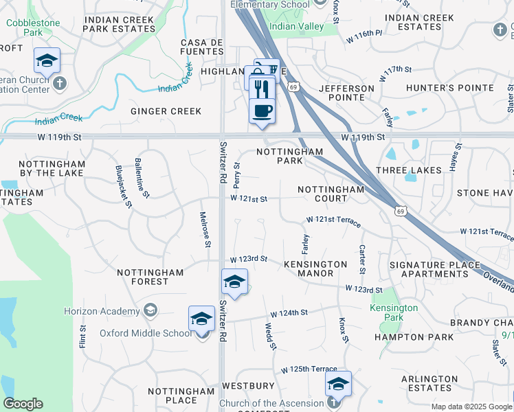 map of restaurants, bars, coffee shops, grocery stores, and more near 10006 West 121st Street in Overland Park