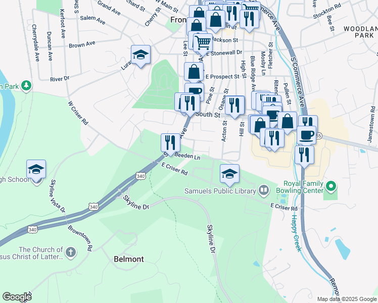 map of restaurants, bars, coffee shops, grocery stores, and more near 625 Highview Street in Front Royal