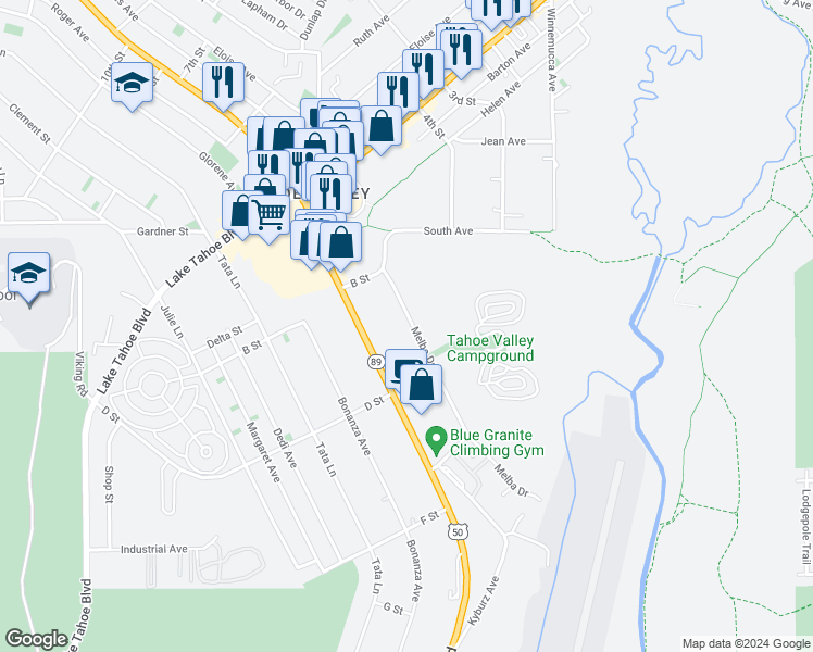 map of restaurants, bars, coffee shops, grocery stores, and more near 1150 Melba Drive in South Lake Tahoe