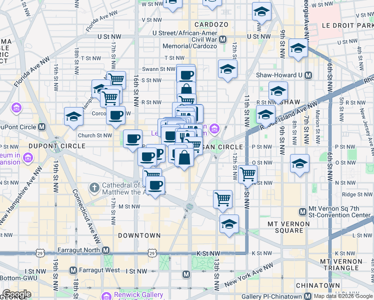 map of restaurants, bars, coffee shops, grocery stores, and more near 1416 14th Street Northwest in Washington
