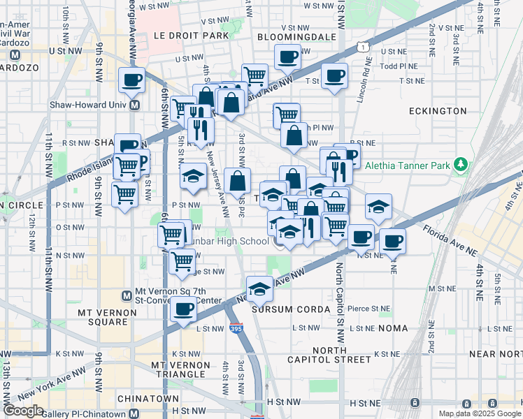 map of restaurants, bars, coffee shops, grocery stores, and more near 210 P Street Northwest in Washington