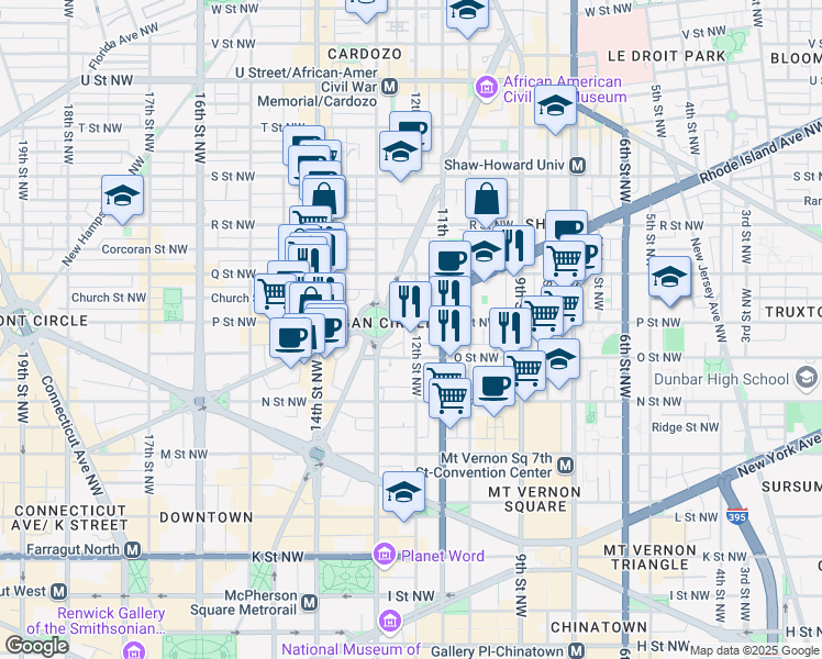 map of restaurants, bars, coffee shops, grocery stores, and more near 1432 12th Street Northwest in Washington