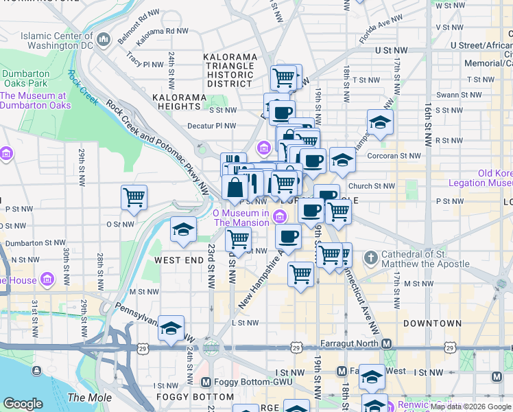 map of restaurants, bars, coffee shops, grocery stores, and more near 2120 P Street Northwest in Washington