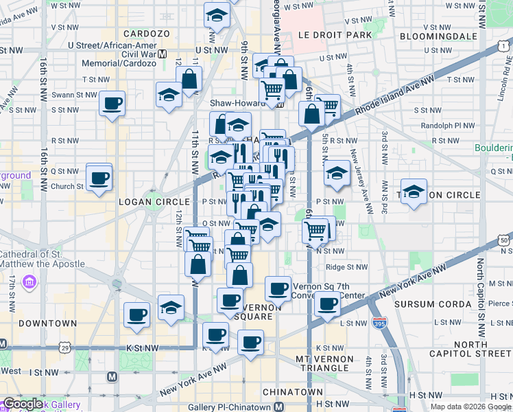 map of restaurants, bars, coffee shops, grocery stores, and more near 800 P Street Northwest in Washington