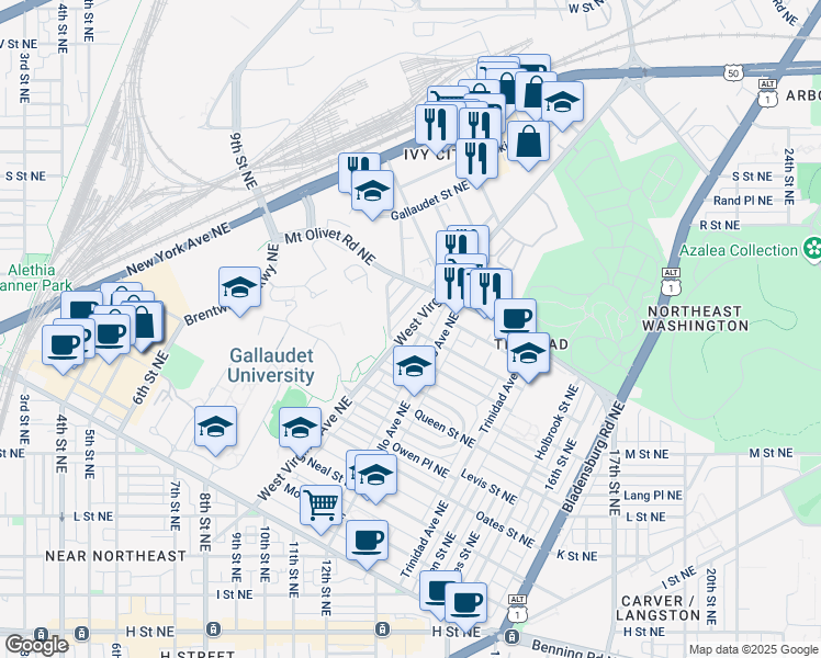 map of restaurants, bars, coffee shops, grocery stores, and more near West Virginia Ave NE & Raum St NE in Washington