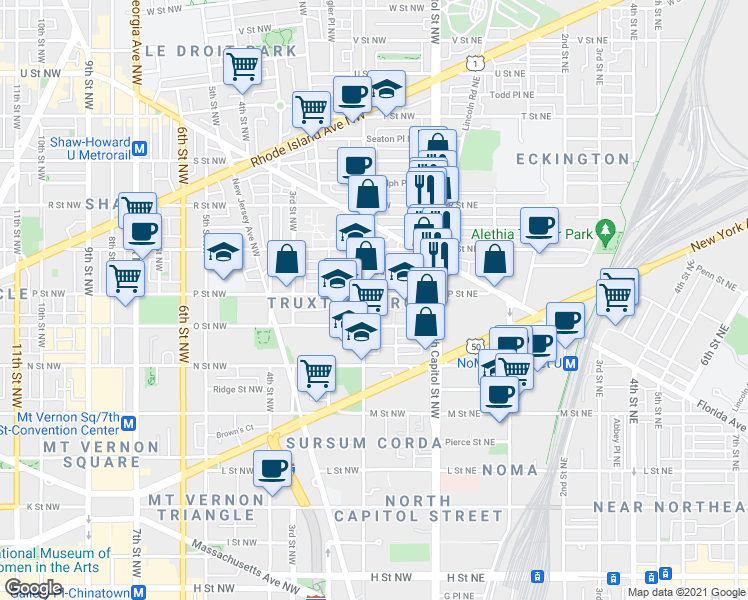 map of restaurants, bars, coffee shops, grocery stores, and more near 82 P Street Northwest in Washington
