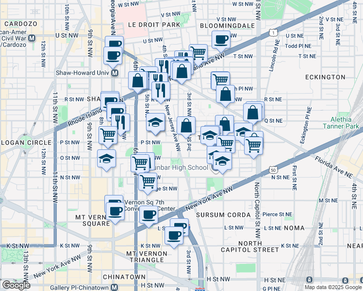 map of restaurants, bars, coffee shops, grocery stores, and more near 1431 New Jersey Avenue Northwest in Washington