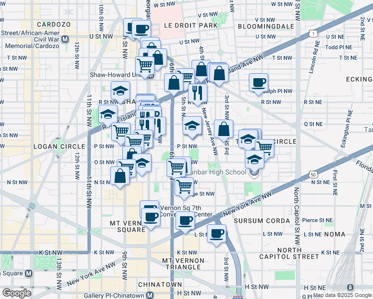 map of restaurants, bars, coffee shops, grocery stores, and more near 1427 5th Street Northwest in Washington