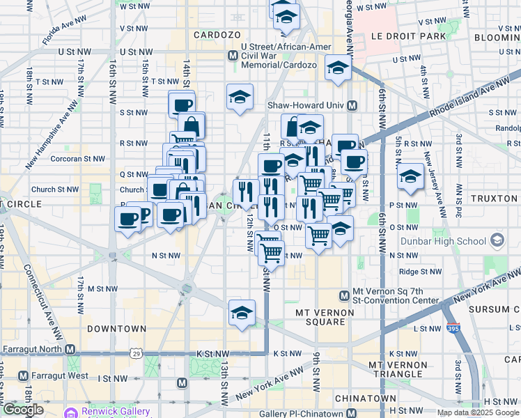 map of restaurants, bars, coffee shops, grocery stores, and more near 1426 11th Street Northwest in Washington