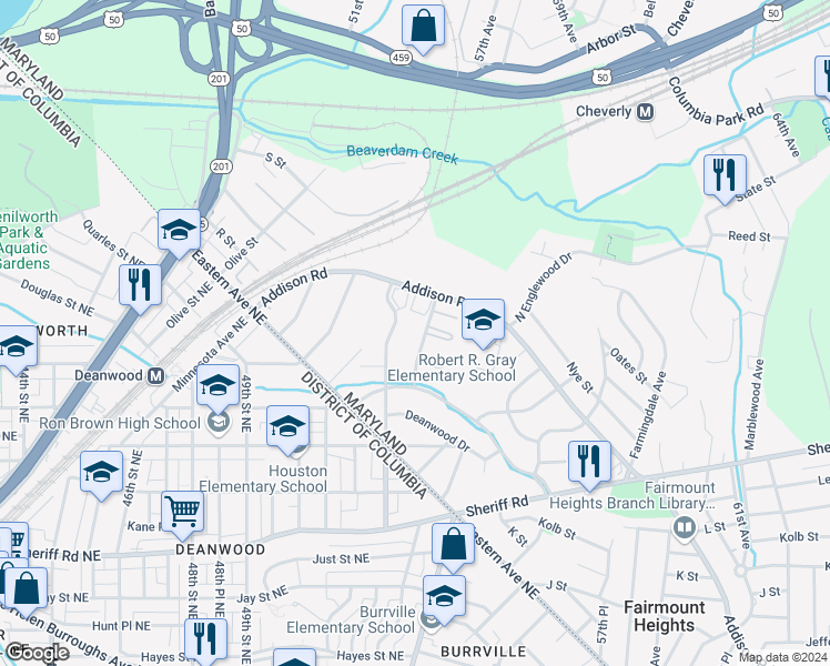 map of restaurants, bars, coffee shops, grocery stores, and more near 1409 Doewood Lane in Capitol Heights