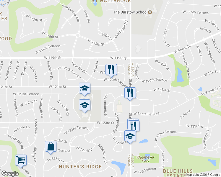 map of restaurants, bars, coffee shops, grocery stores, and more near 2110 West 121st Street in Leawood