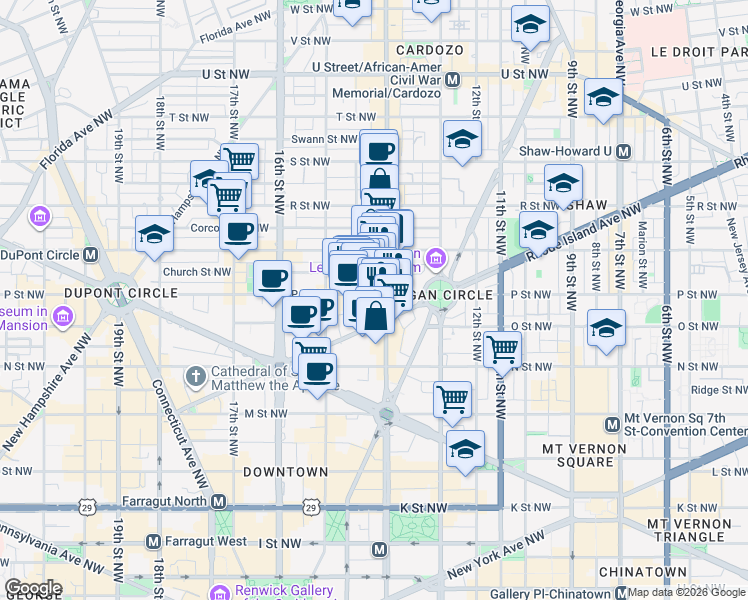 map of restaurants, bars, coffee shops, grocery stores, and more near 1408 P St NW in Washington