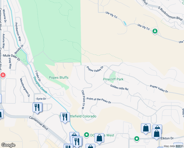 map of restaurants, bars, coffee shops, grocery stores, and more near 1070 Popes Valley Drive in Colorado Springs