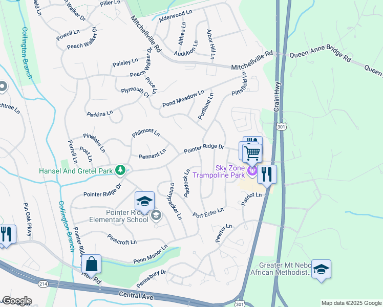 map of restaurants, bars, coffee shops, grocery stores, and more near 16115 Pointer Ridge Drive in Bowie