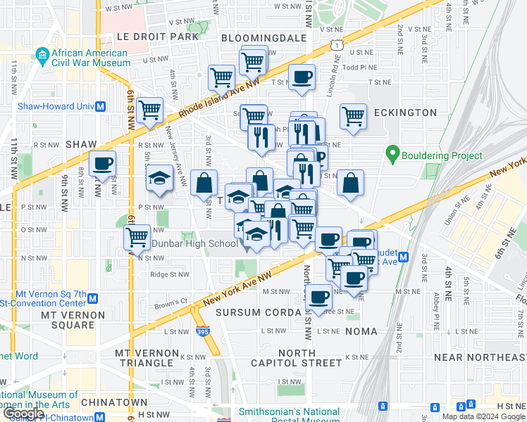 map of restaurants, bars, coffee shops, grocery stores, and more near 101 Independence Avenue Southeast in Washington