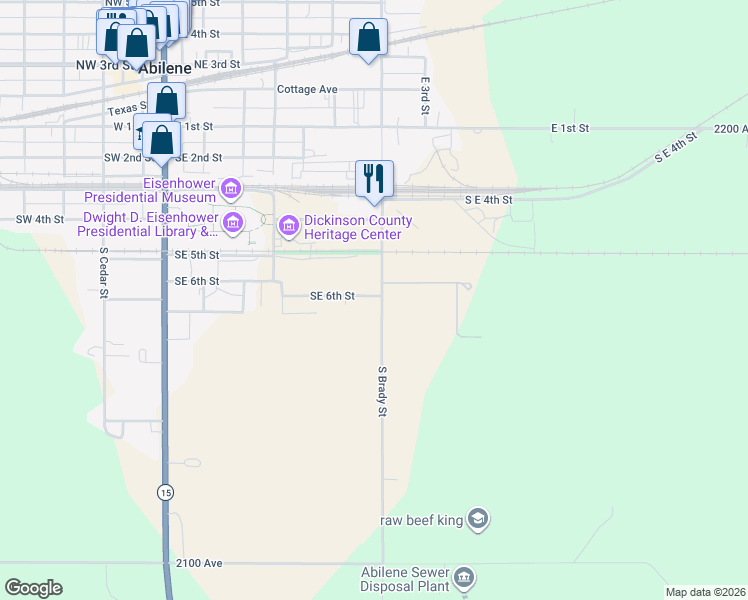 map of restaurants, bars, coffee shops, grocery stores, and more near South Brady in Abilene