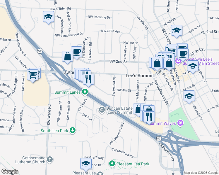map of restaurants, bars, coffee shops, grocery stores, and more near 308 Southwest Walnut Street in Lee's Summit