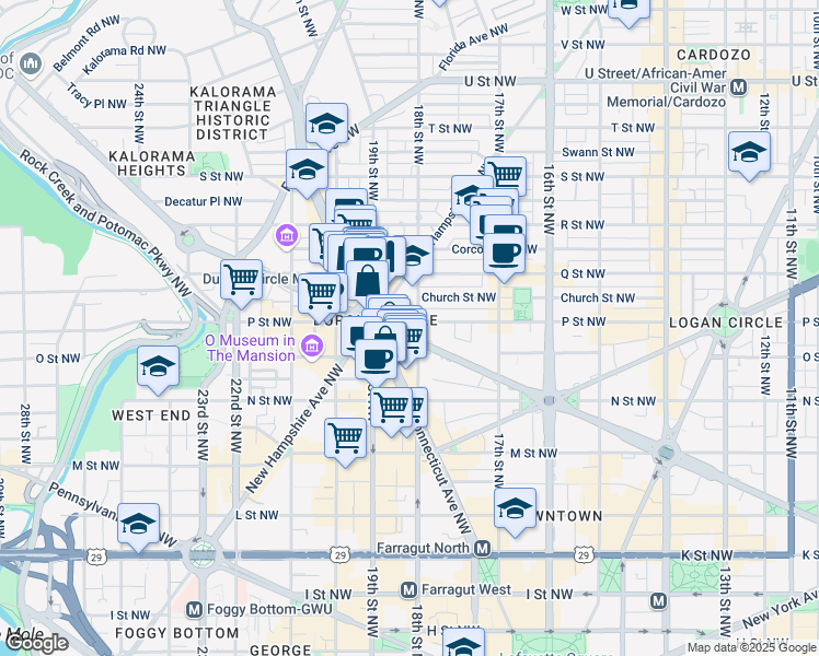 map of restaurants, bars, coffee shops, grocery stores, and more near 1801 Massachusetts Avenue Northwest in Washington