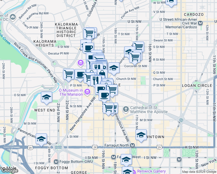 map of restaurants, bars, coffee shops, grocery stores, and more near Massachusetts Avenue Northwest & Dupont Circle Northwest in Washington