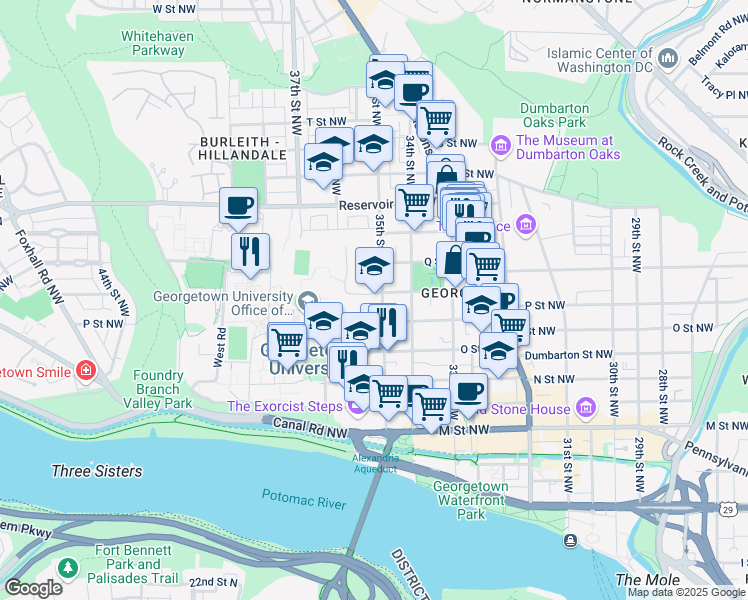 map of restaurants, bars, coffee shops, grocery stores, and more near 1524 35th Street Northwest in Washington