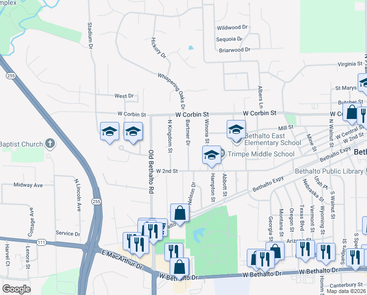 map of restaurants, bars, coffee shops, grocery stores, and more near 336 Bartmer Drive in Bethalto