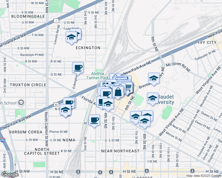 map of restaurants, bars, coffee shops, grocery stores, and more near 300 Neal Place Northeast in Washington