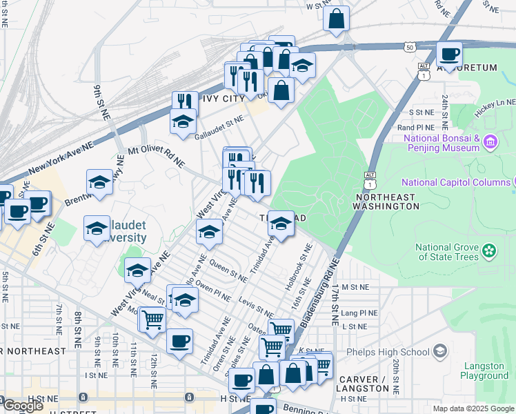 map of restaurants, bars, coffee shops, grocery stores, and more near 101 Independence Avenue Southeast in Washington