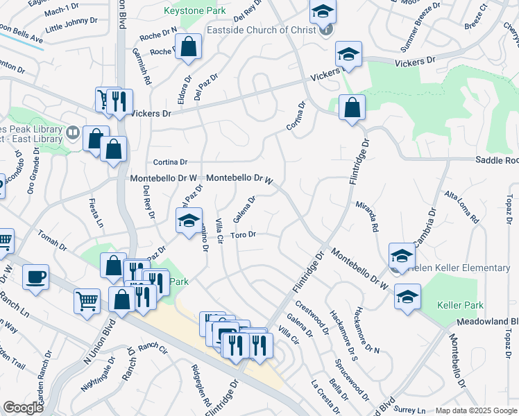 map of restaurants, bars, coffee shops, grocery stores, and more near 5389 Galena Drive in Colorado Springs