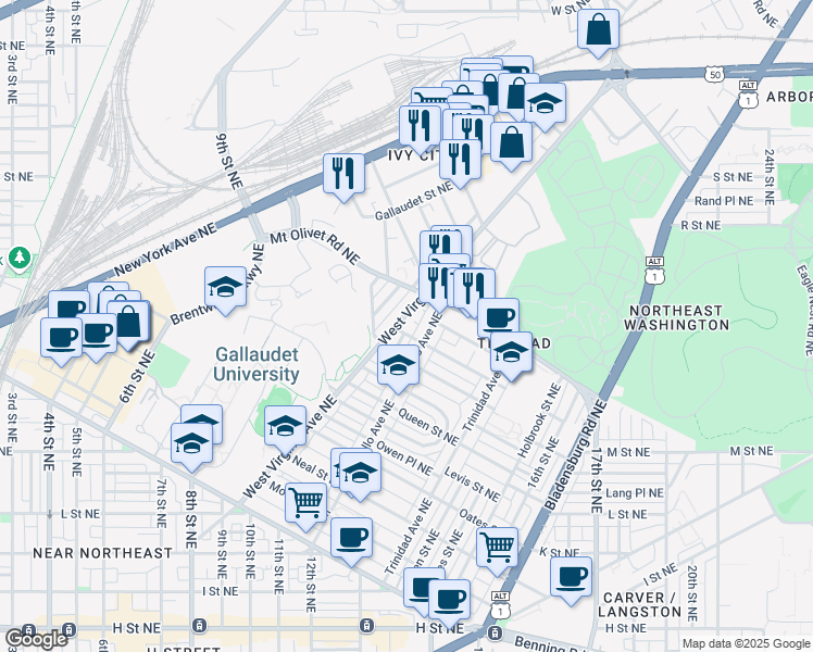 map of restaurants, bars, coffee shops, grocery stores, and more near 101 Independence Avenue Southeast in Washington