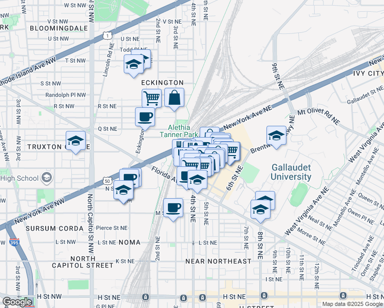 map of restaurants, bars, coffee shops, grocery stores, and more near 1280 Union Street Northeast in Washington
