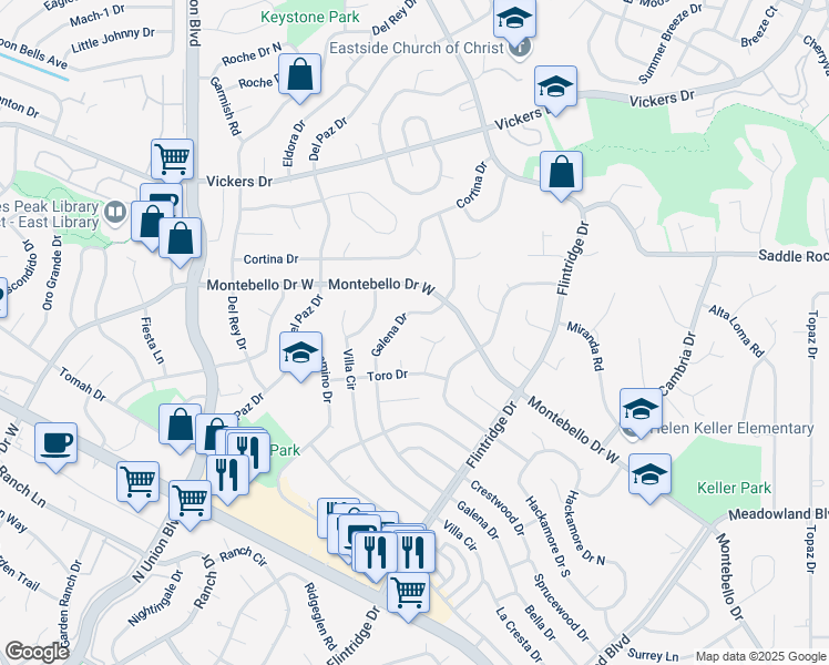 map of restaurants, bars, coffee shops, grocery stores, and more near 5389 Galena Drive in Colorado Springs