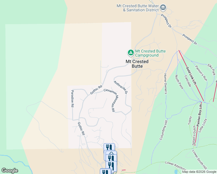 map of restaurants, bars, coffee shops, grocery stores, and more near 38-40 Anthracite Drive in Crested Butte