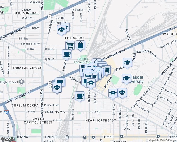 map of restaurants, bars, coffee shops, grocery stores, and more near 1280 Union Street Northeast in Washington