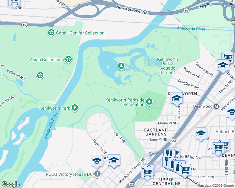 map of restaurants, bars, coffee shops, grocery stores, and more near 4300 Anacostia Avenue Northeast in Washington