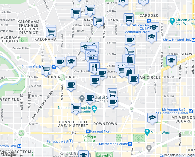 map of restaurants, bars, coffee shops, grocery stores, and more near 1616 P Street Northwest in Washington