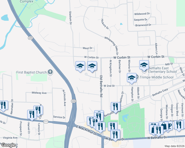 map of restaurants, bars, coffee shops, grocery stores, and more near 101 School Street in Bethalto