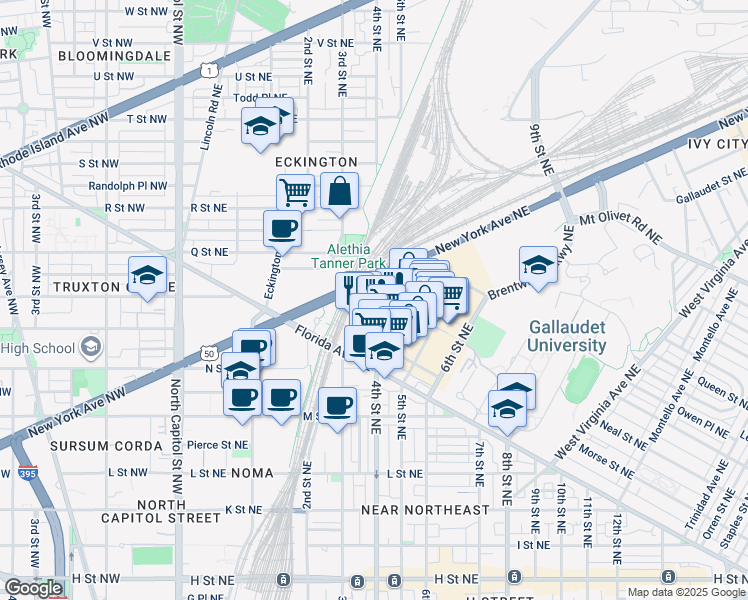 map of restaurants, bars, coffee shops, grocery stores, and more near 1280 Union Street Northeast in Washington