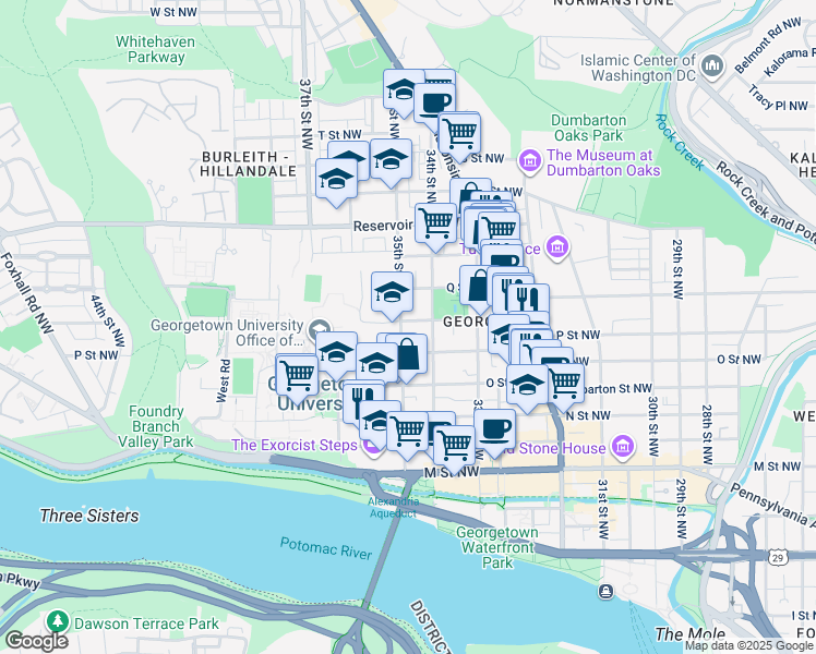 map of restaurants, bars, coffee shops, grocery stores, and more near 1527 35th Street Northwest in Washington