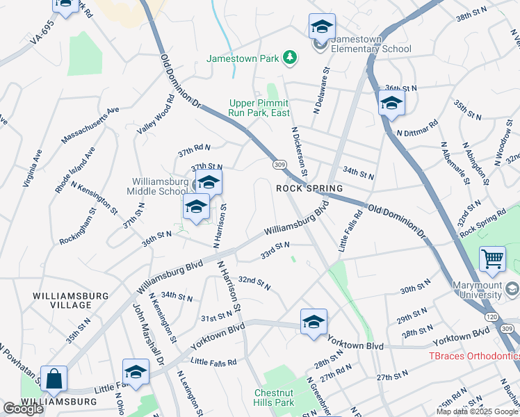 map of restaurants, bars, coffee shops, grocery stores, and more near 3443 North Emerson Street in Arlington