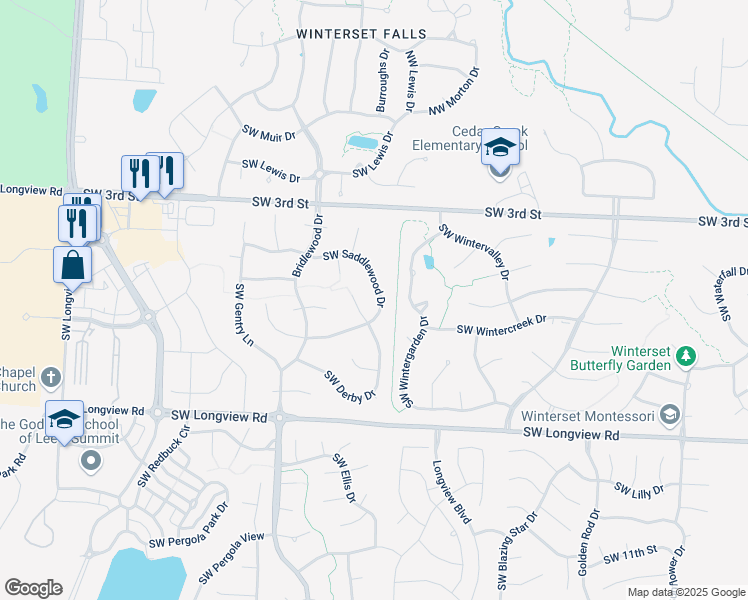 map of restaurants, bars, coffee shops, grocery stores, and more near 2809 Southwest Saddlewood Drive in Lee's Summit